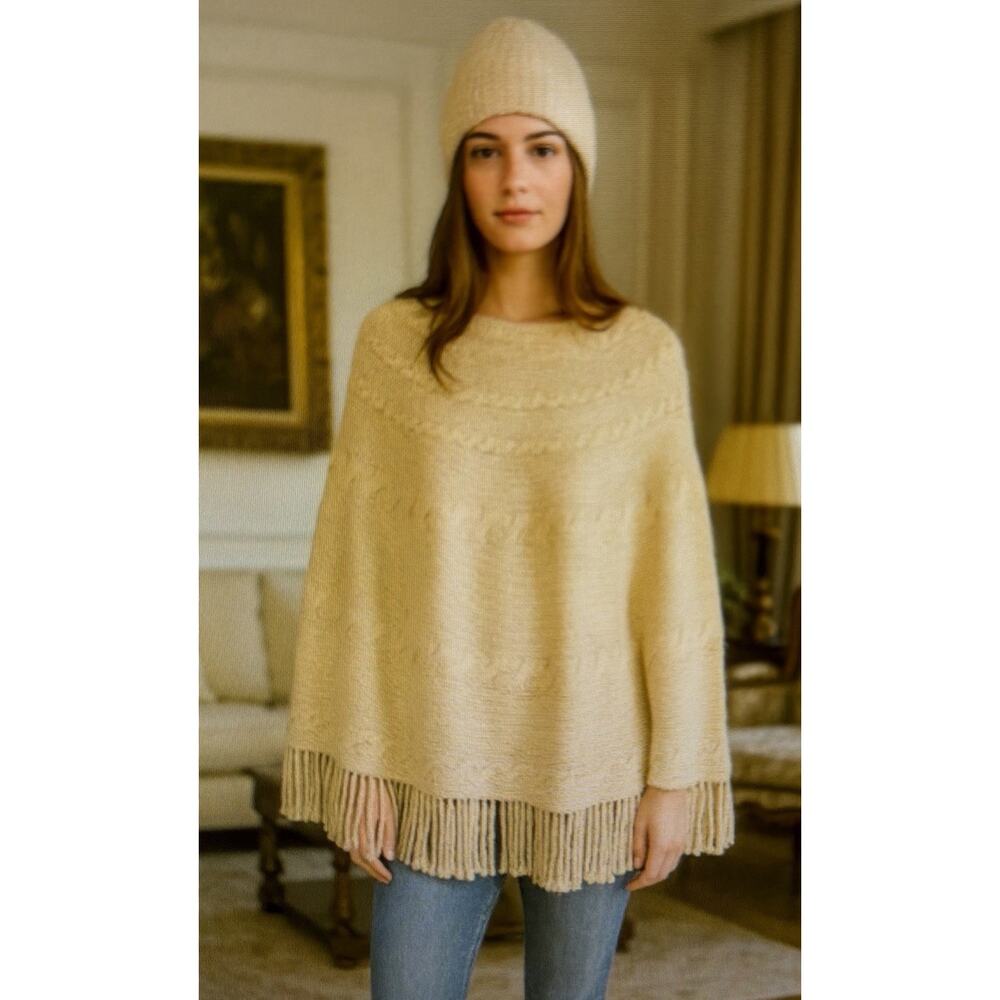 Lands End large XL Poncho Sweater Tan Pullover Cable Knit Fringe Wool Blend